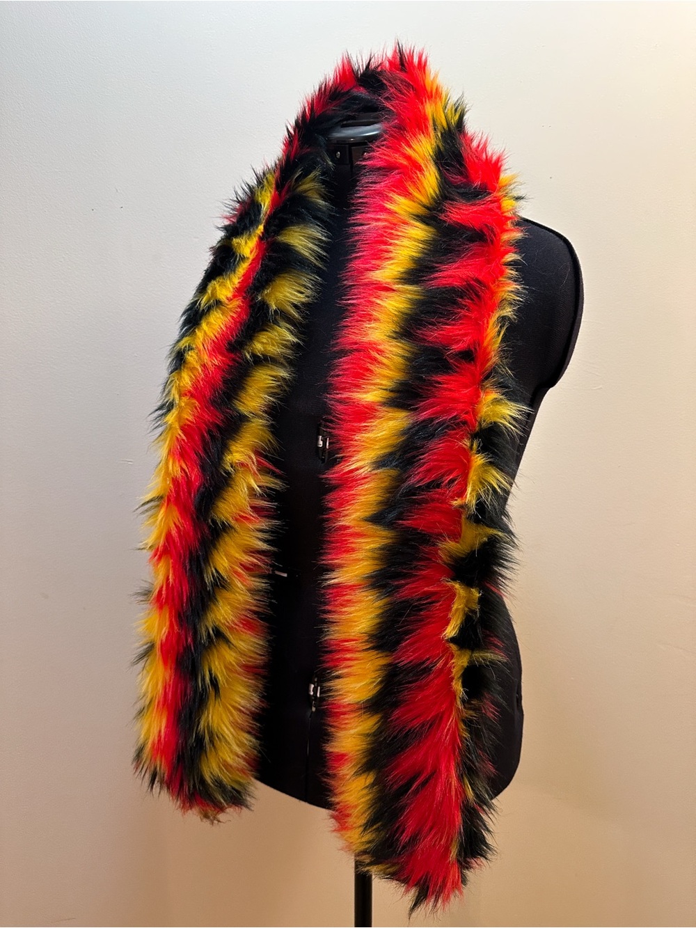 Handmade Red Yellow Black Chevron Diamond Rectangle Multi Scarves Faux Fur Scarf